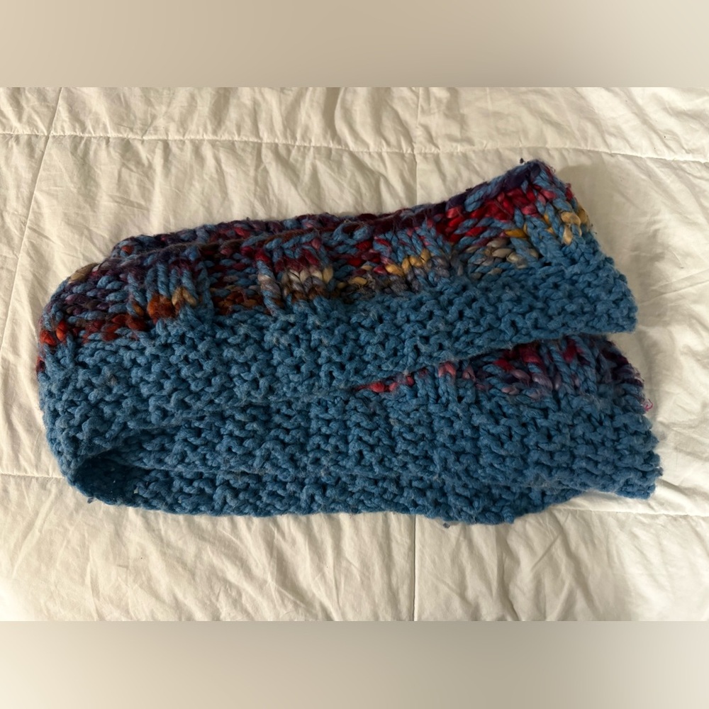 Chunky knit blue multi coloured scarf